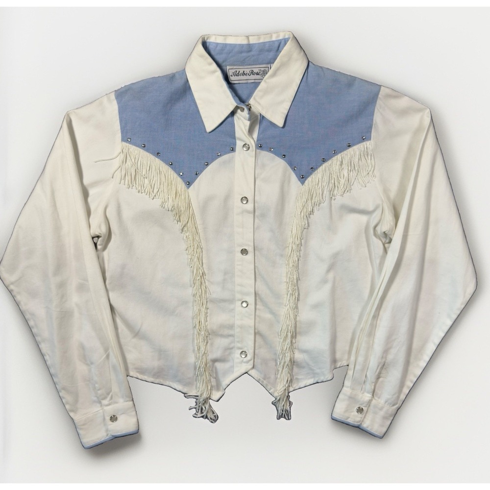 Adobee Rose Western Fringe Snap Shirt M Blue White Rhinestone Cropped Cowgirl